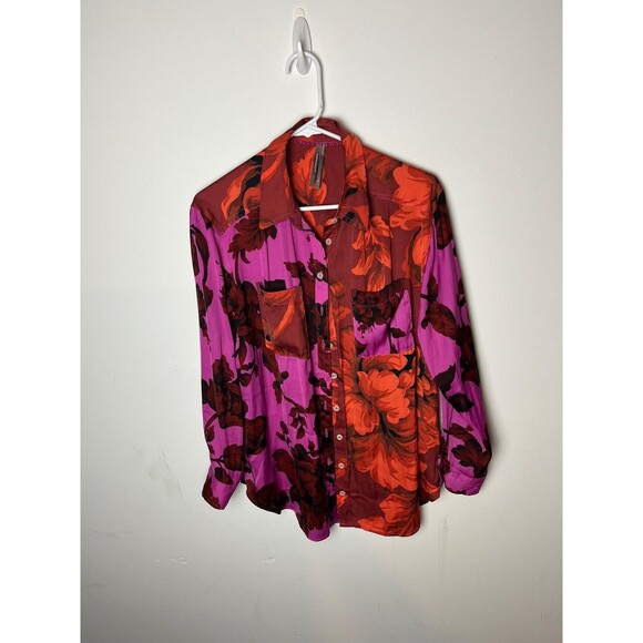 Anthropologie Shirt Womens Small Pink Red Floral Button Down Long Sleeve Blouse - Picture 1 of 7